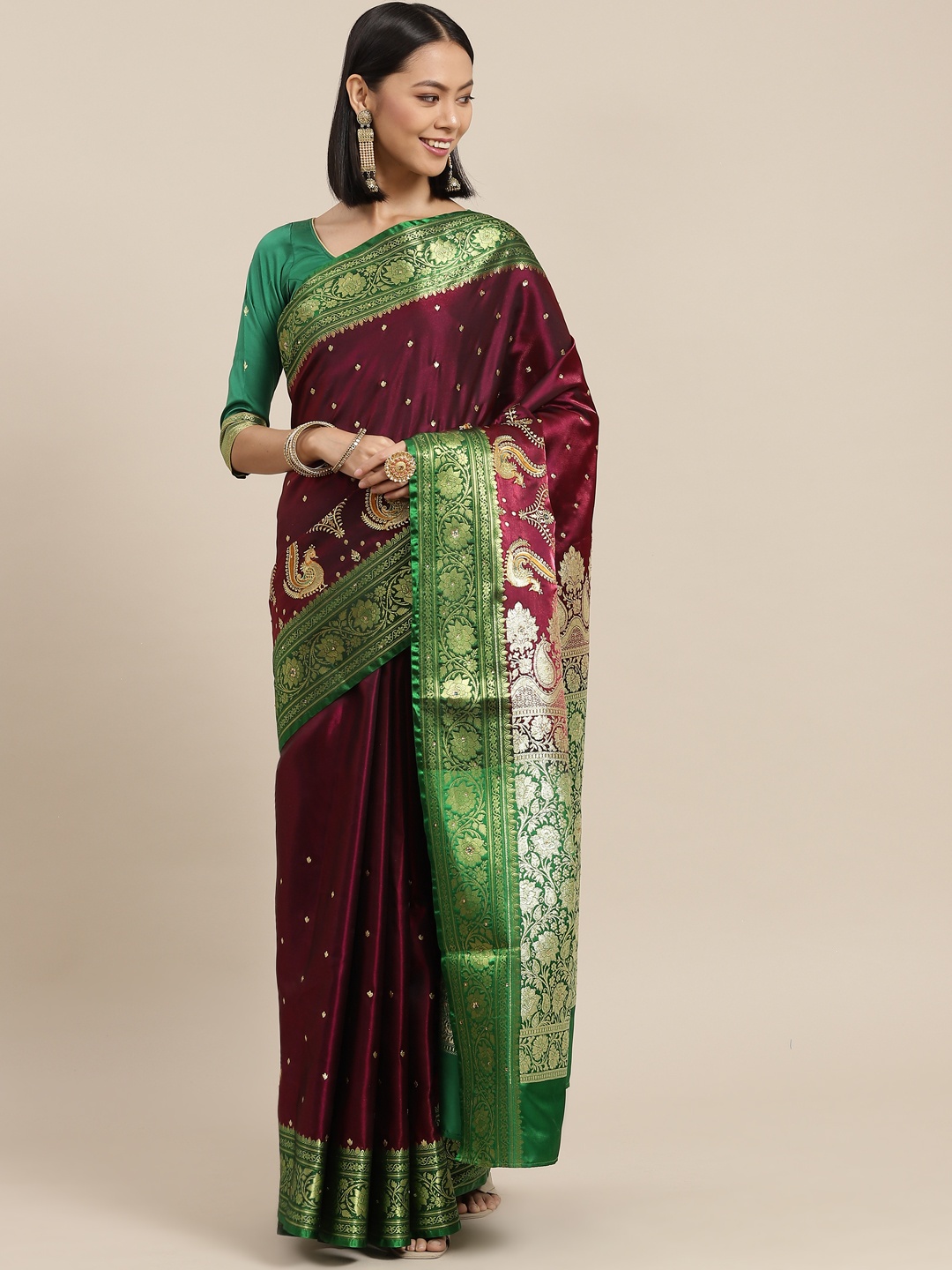 

Chhabra 555 Burgundy Woven Design Kanjeevaram Saree