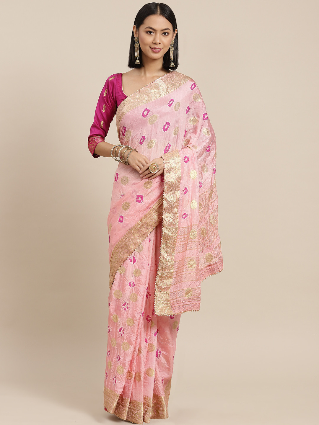 

Chhabra 555 Pink Woven Design Chanderi Silk Bandhani Saree