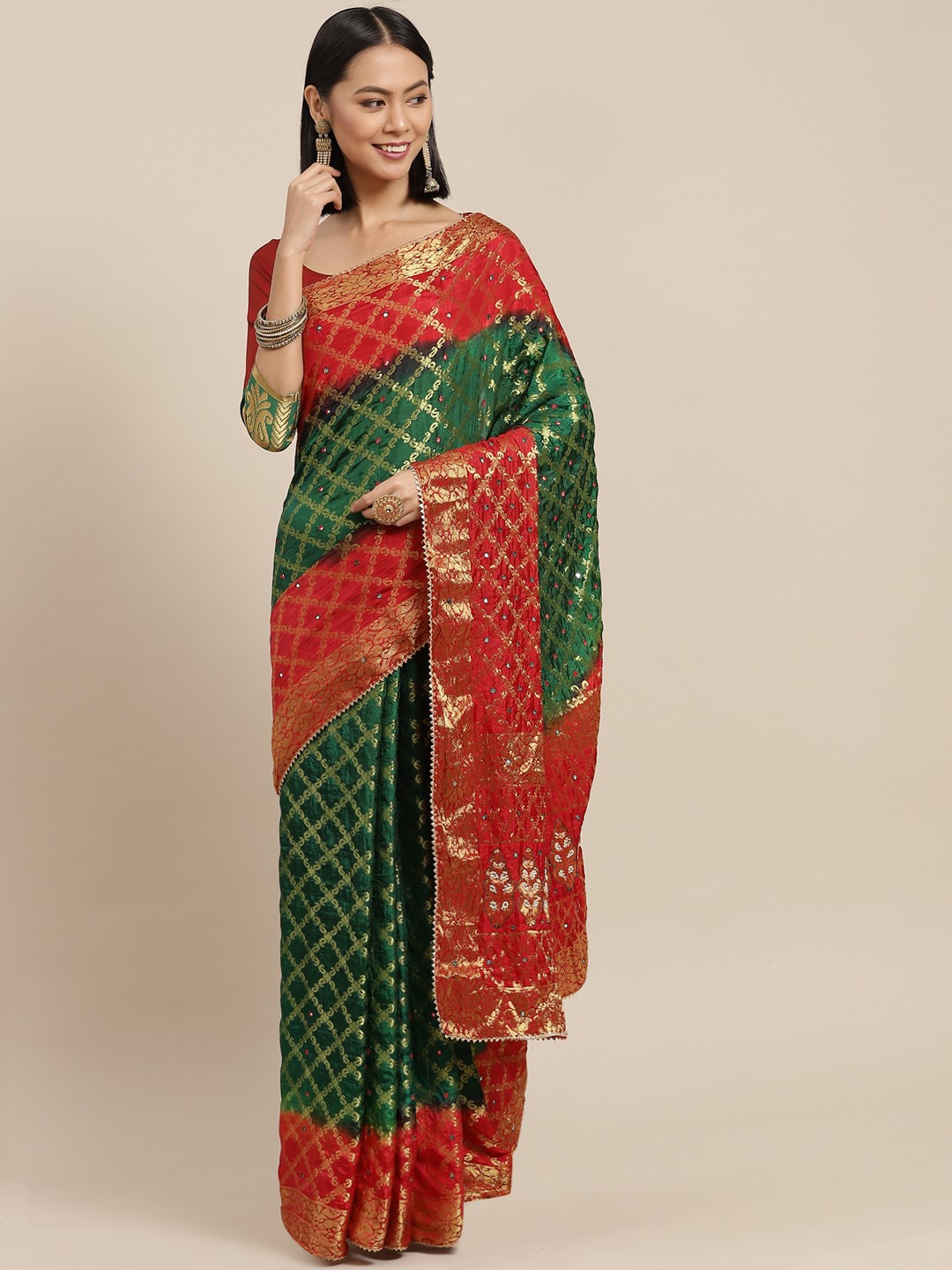 

Chhabra 555 Green & Golden Woven Design Mirror Work Kanjeevaram Saree