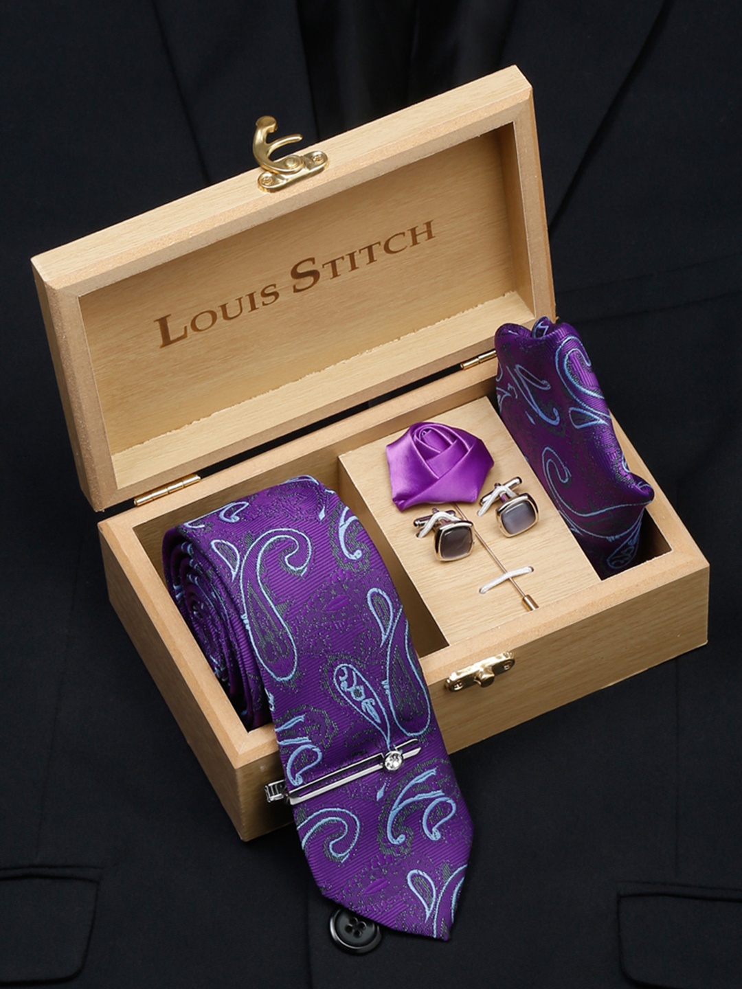 

LOUIS STITCH Men Purple Italian Silk Necktie Accessory Gift Set, Violet