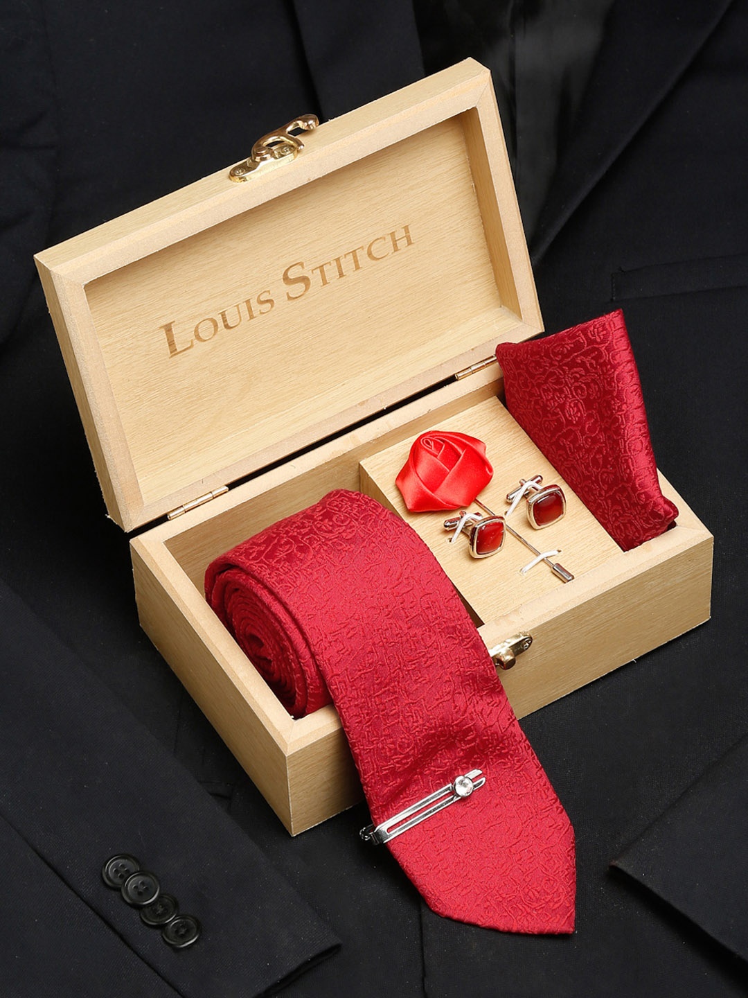 

LOUIS STITCH Men Italian Silk Necktie Accessory Gift Set, Red
