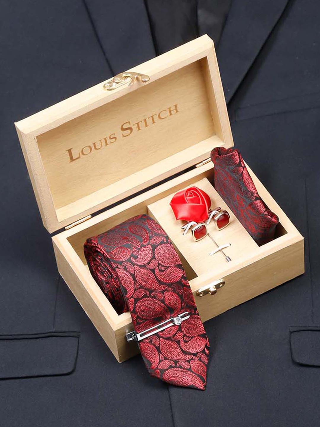 

LOUIS STITCH Men Italian Silk Necktie Accessory Gift Set, Red