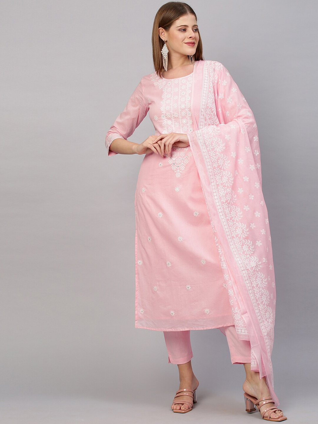 

FASHOR Women Pink & White Floral Embroidered Pure Cotton Kurta with Trouser & Dupatta
