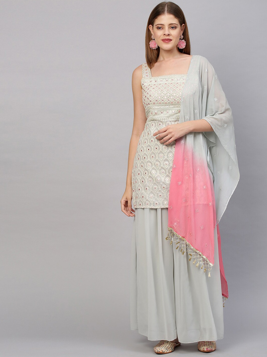 

FASHOR Women Grey Ethnic Motifs Embroidered Mirror Work Kurti with Palazzos
