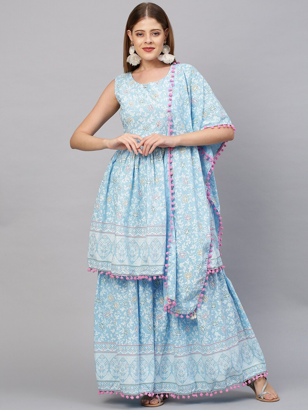 

FASHOR Women Blue Floral Printed Pure Cotton Kurta with Sharara With Dupatta