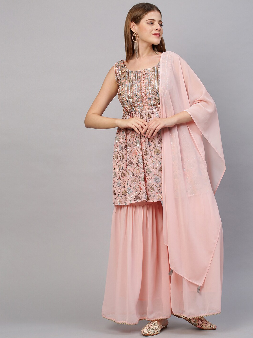 

FASHOR Women Pink Floral Embroidered Pleated Sequinned Kurti with Sharara & With Dupatta