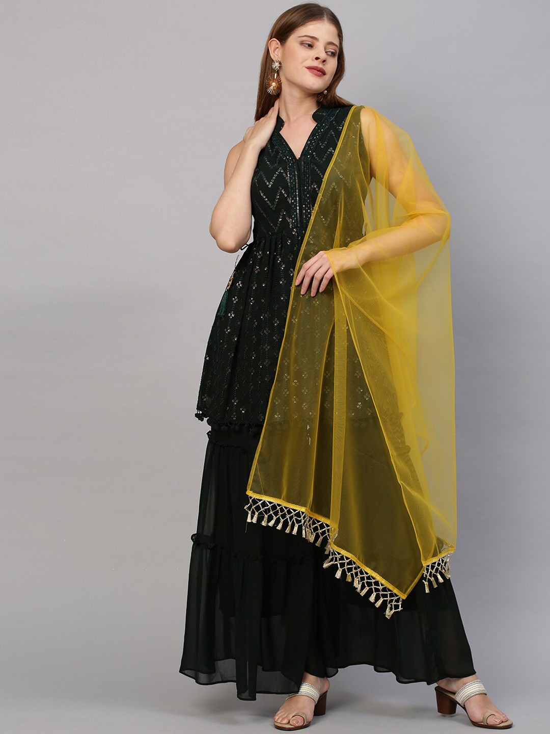 

FASHOR Women Green & Yellow Embroidered Sequinned Pleated Kurta with Sharara & Dupatta