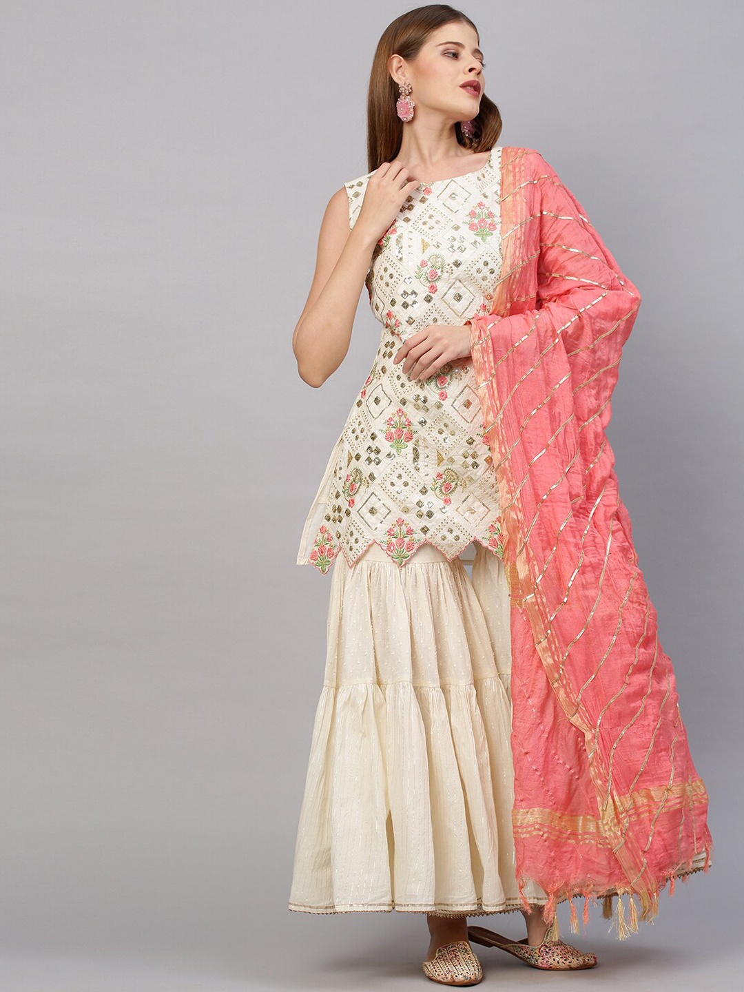 

FASHOR Women Off White Sequinned Pure Cotton Kurta with Sharara & With Dupatta