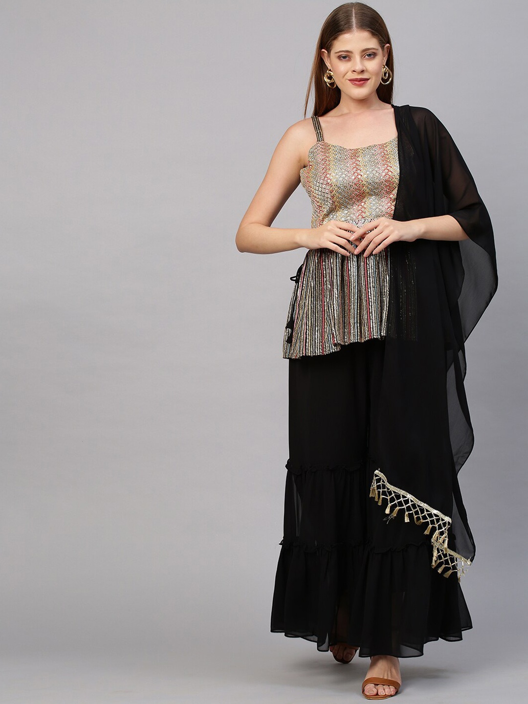 

FASHOR Women Black & Multicolored Sequinned Kurta with Sharara & Dupatta