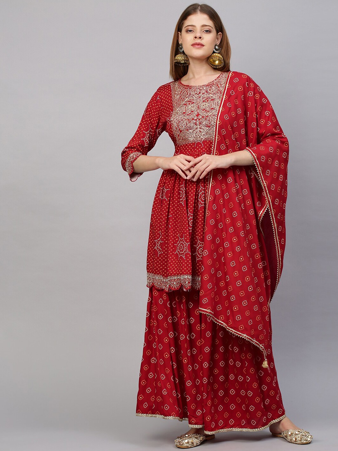 

FASHOR Women Red Bandhani Printed Embroidered Kurti with Sharara
