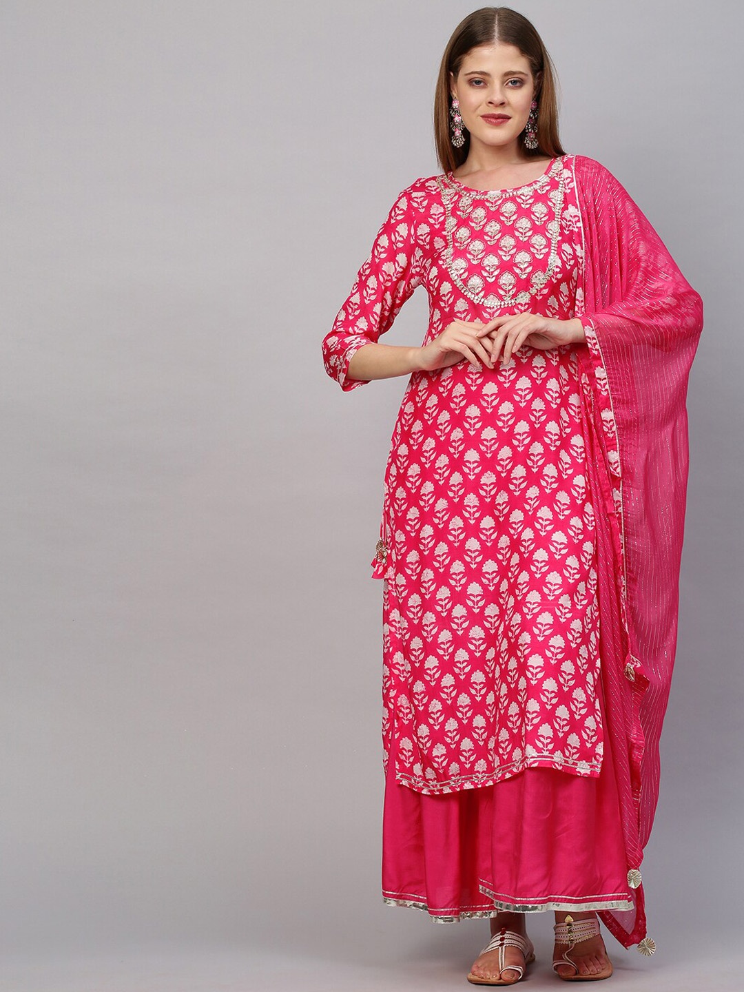 

FASHOR Women Pink Printed Thread Work Kurta Sharara With Dupatta