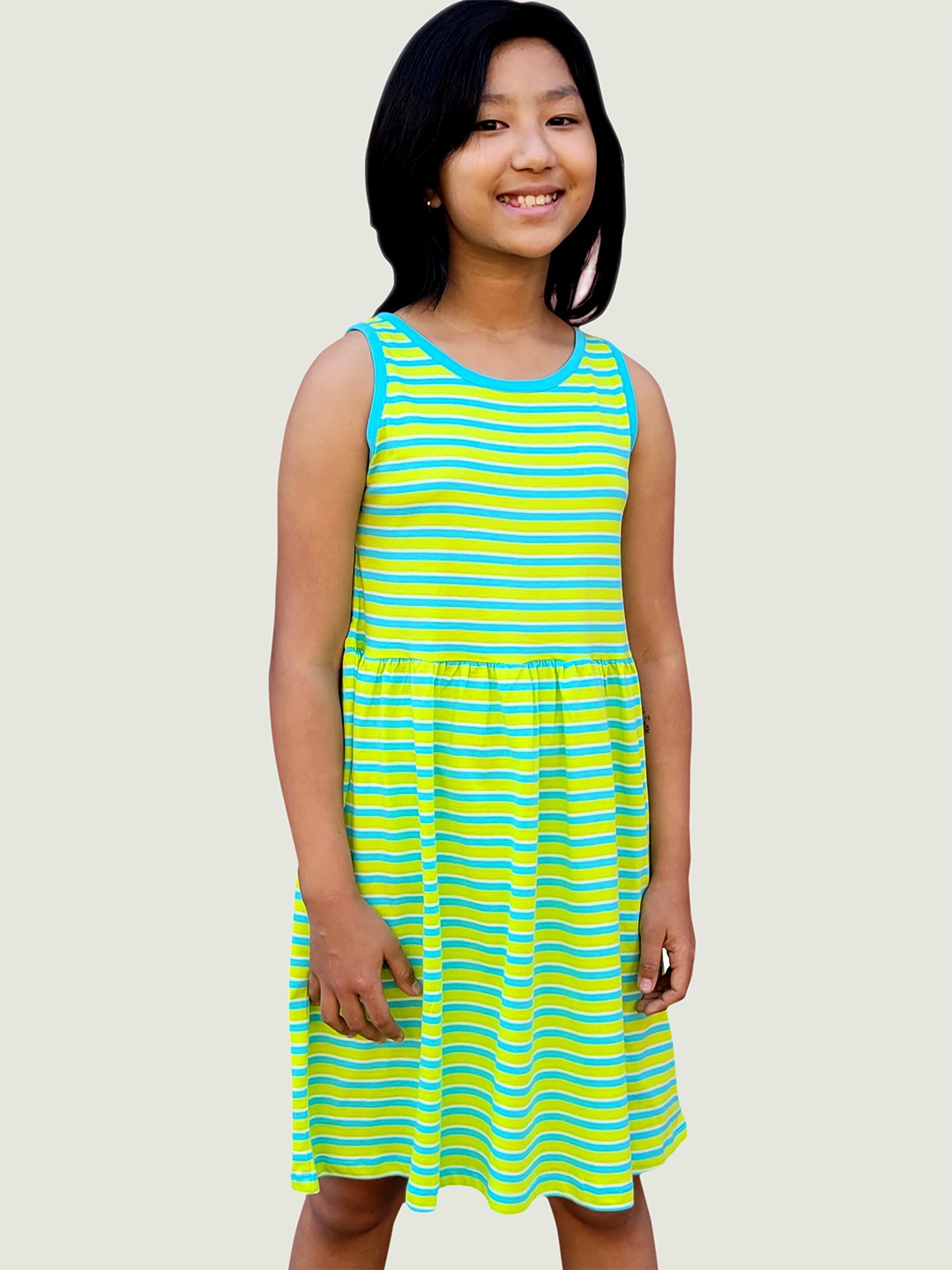 

Campana Lime Green Striped A-Line Cotton Dress