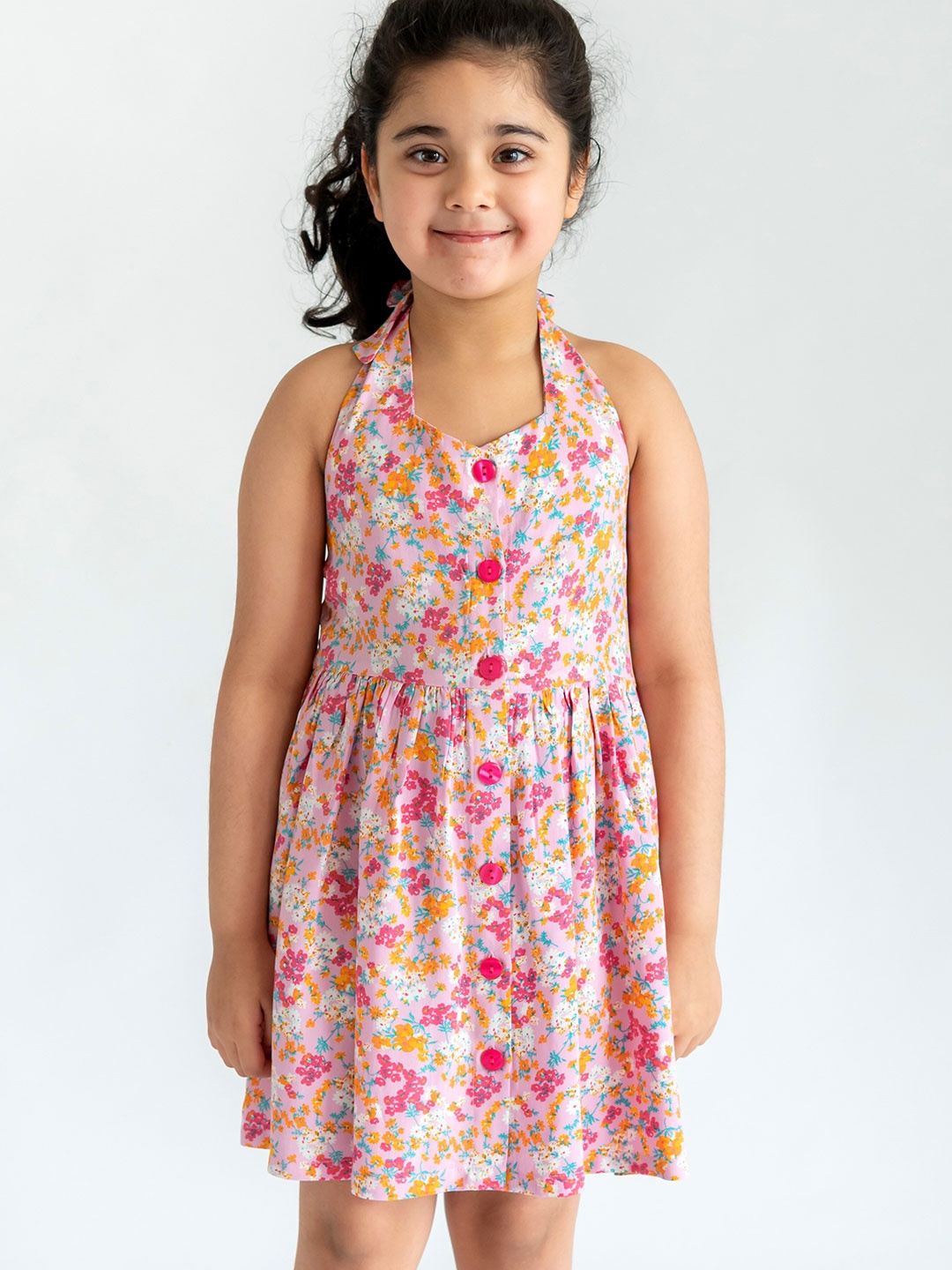

Campana Pink & White Floral Halter Neck Mini Dress