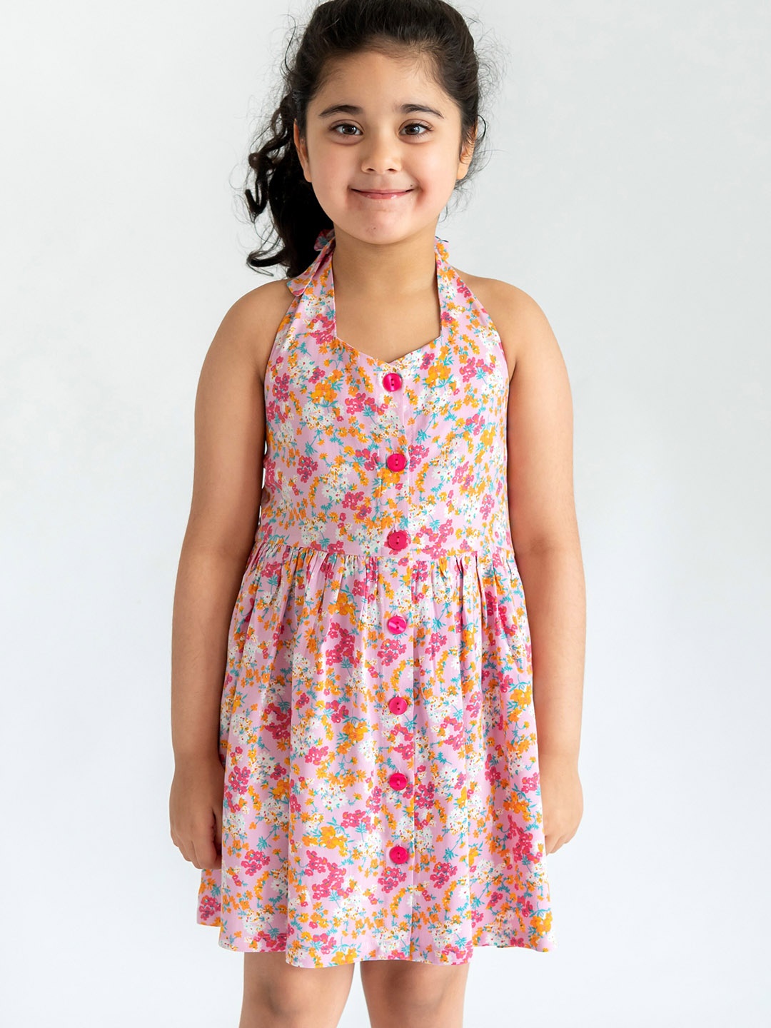 

Campana Girls Pink Floral Halter Neck Fit and Flare Dress