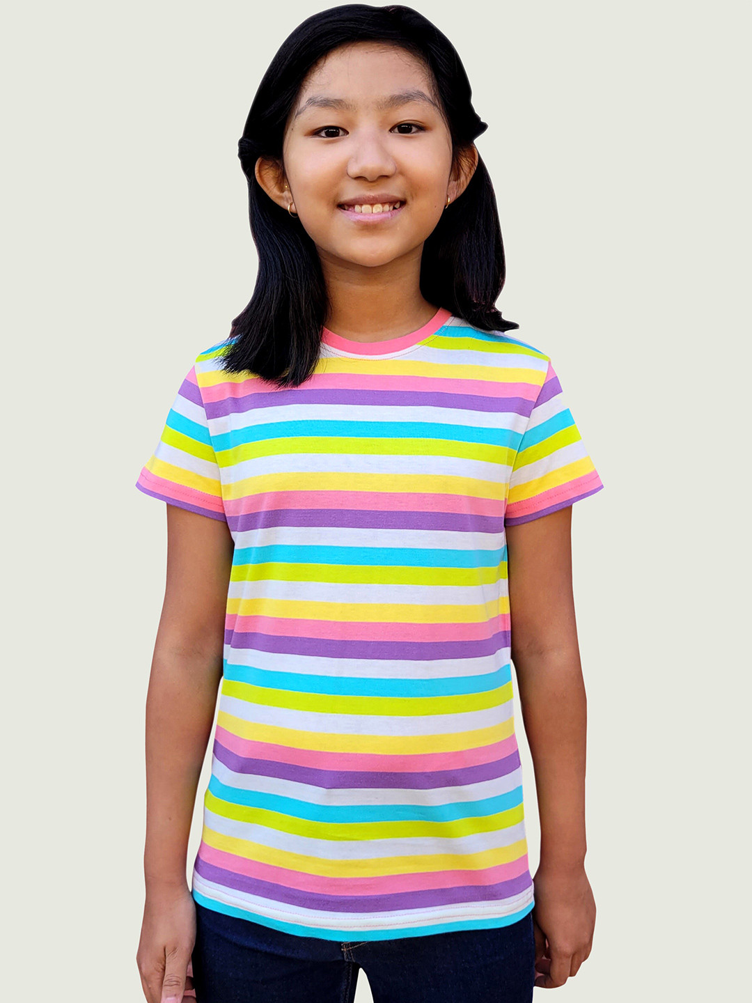 

Campana Girls Yellow & Purple Striped Cotton T-shirt, Multi