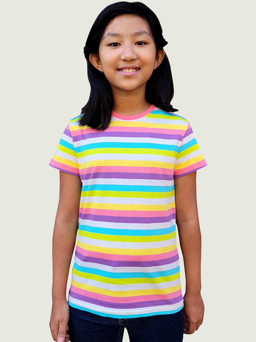 

Campana Girls Multicoloured Striped Cotton T-shirt, Multi