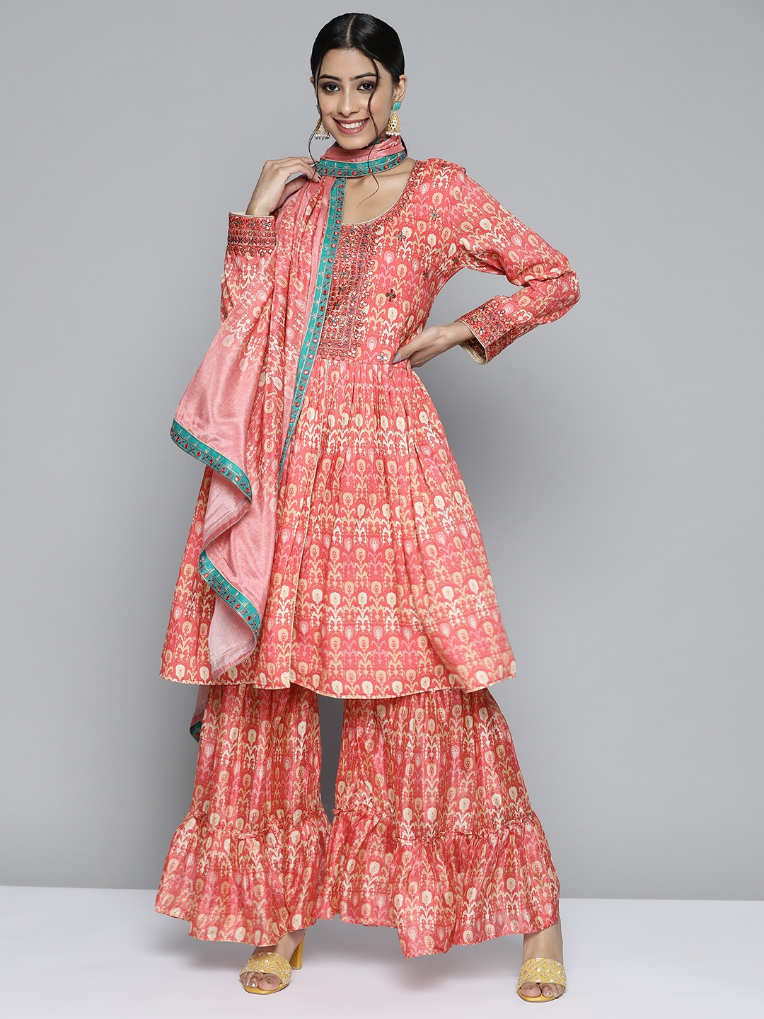 Kvsfab Women Coral Pink Ethnic Motifs Printed Mirror Work Kurta with Sharara & Dupatta