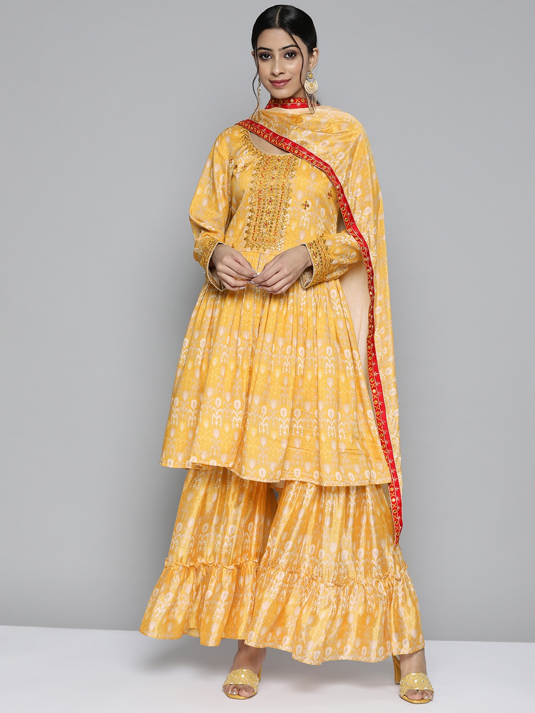 Kvsfab Women Yellow & Beige Ethnic Motifs Printed Mirror Work Kurta with Sharara & Dupatta