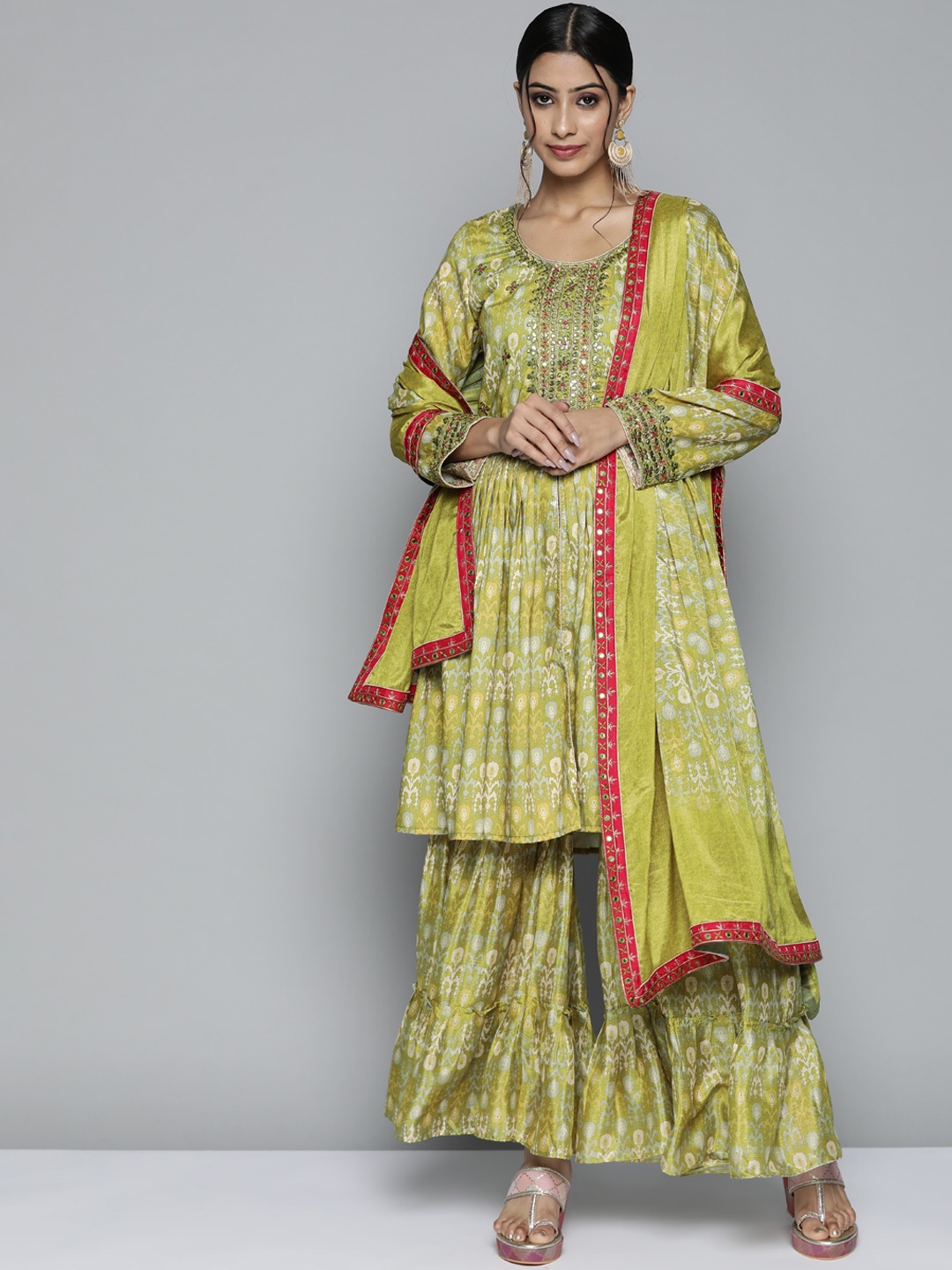 

Kvsfab Women Olive Green Ethnic Motifs Printed Mirror Work Kurta with Sharara & Dupatta