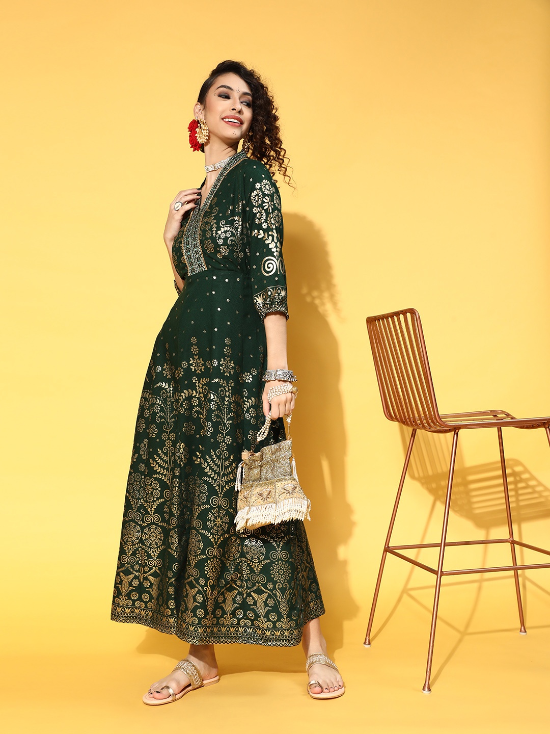 

Juniper Women Gorgeous Green Ethnic Motifs Swirling Volume Dress