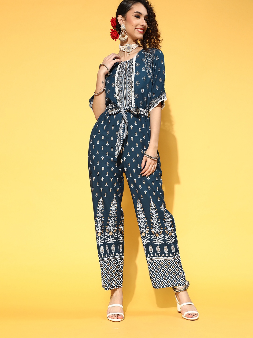 

Juniper Women Deep Navy Blue Printed Elevated Bottom Jumpsuit