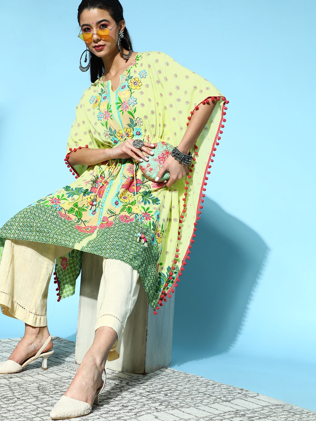 

Juniper Attractive Lime Green Viscose Rayon New Age Kaftan Kurta