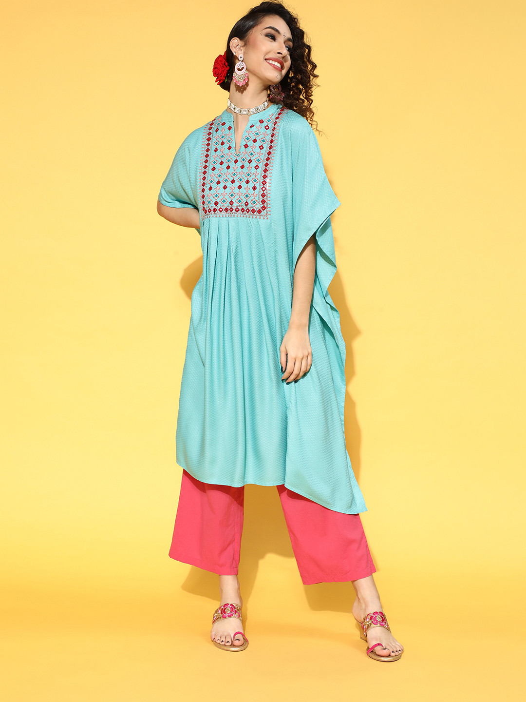 

Juniper Sky Blue Geometric Printed Rayon Dobby Kaftan With Thread Work Embroidery, Turquoise blue