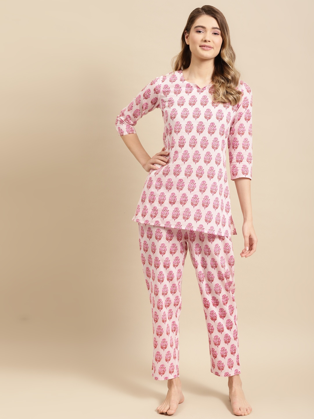 

Prakrti Women Pink & White Pure Cotton Floral Print Night suit