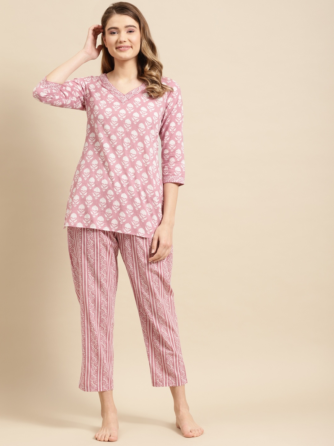 

Prakrti Women Mauve & White Pure Cotton Floral Print Night suit
