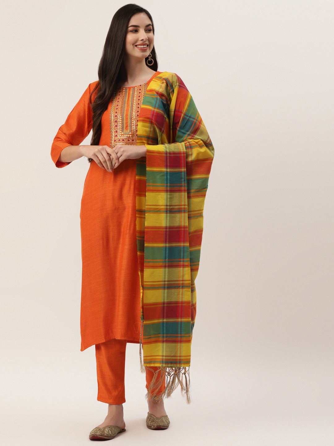 

VAABA Women Orange & Yellow Floral Embroidered Sequined Kurta with Trousers & Dupatta
