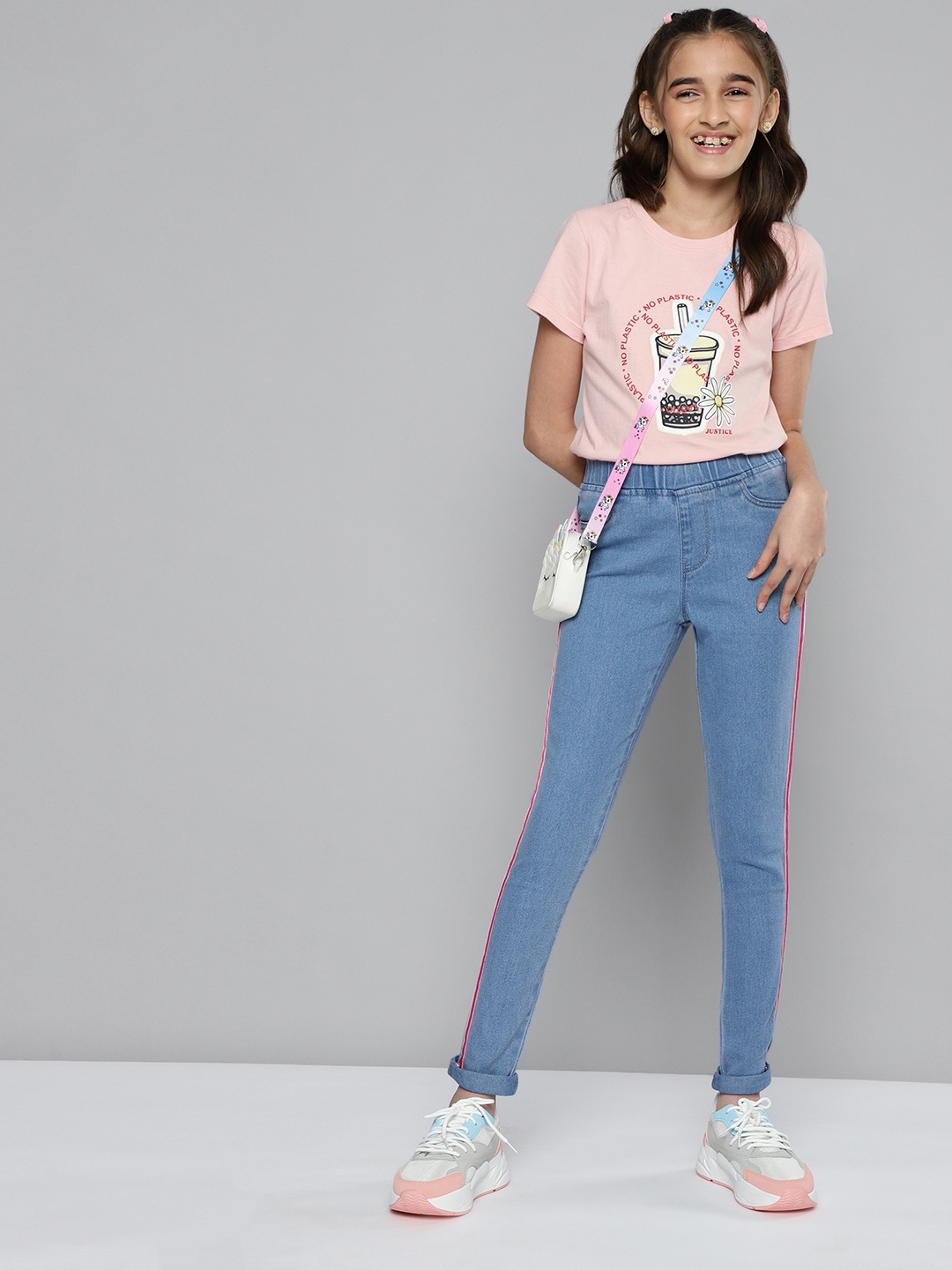 

JUSTICE Girls Blue Solid Denim Jeggings With Side Tape Detailing