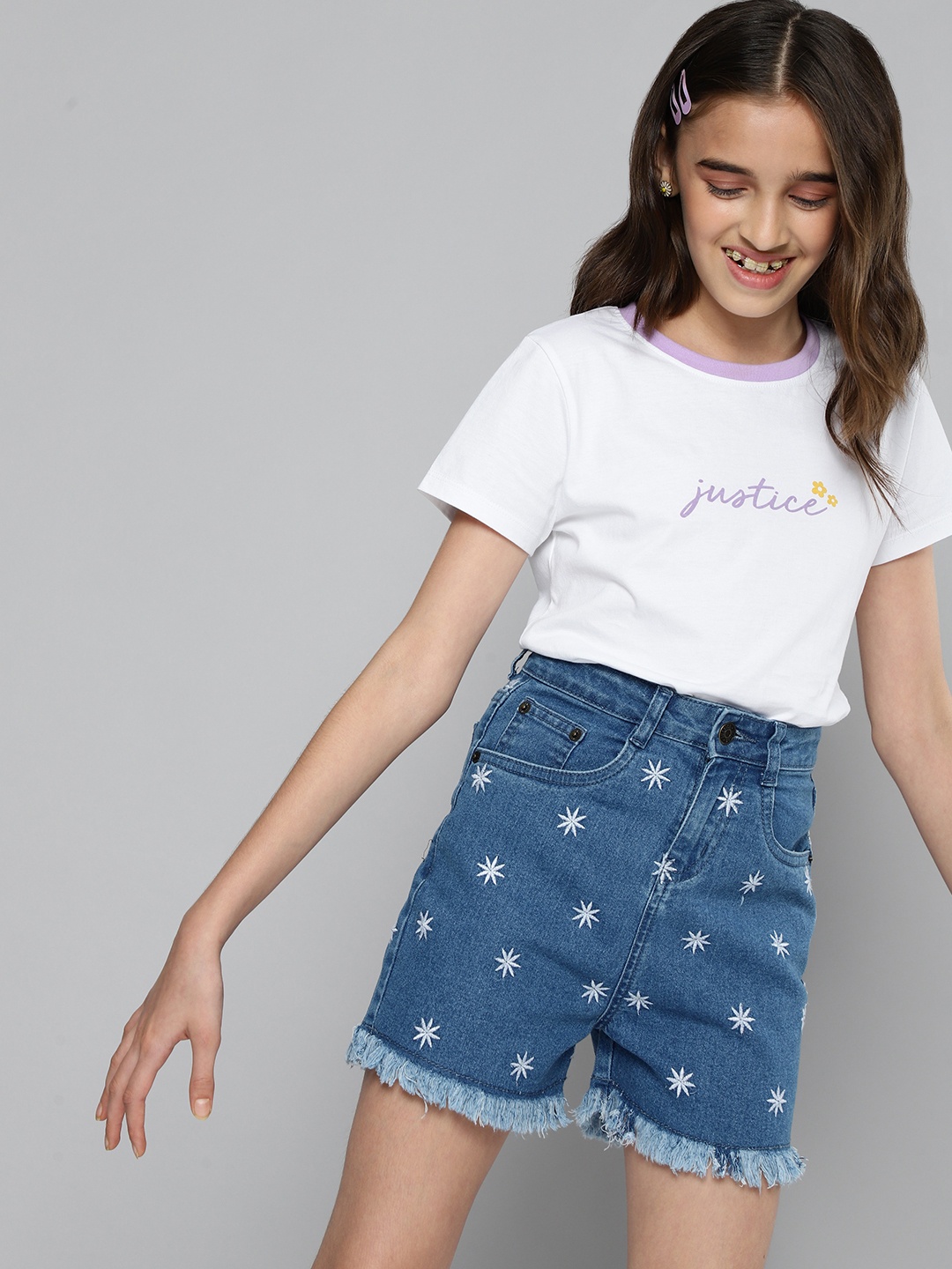 

JUSTICE Girls Blue Floral Woven Design Denim Shorts