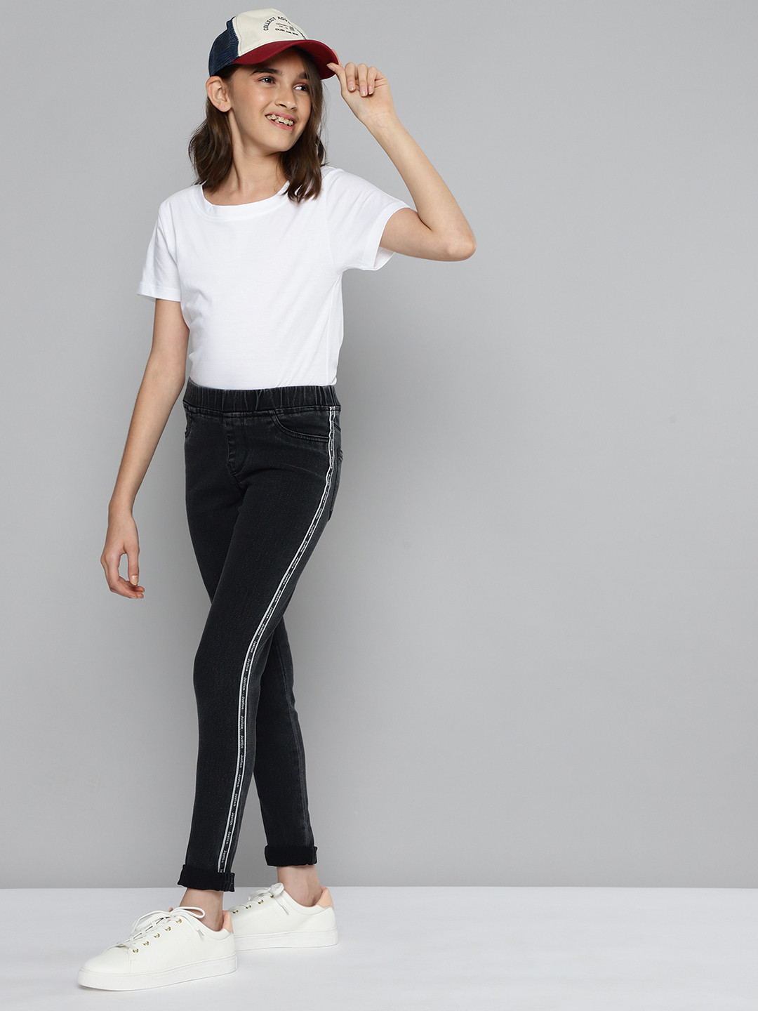 

JUSTICE Girls Grey Side Striped Brand Logo Jeggings