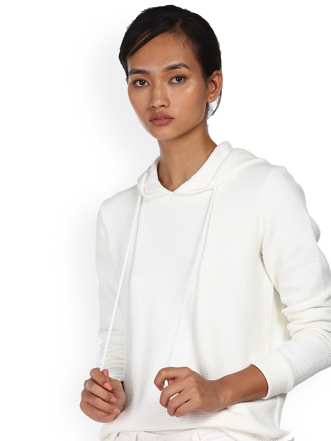 

Sugr Women White Textured Hooded Sweatshirt