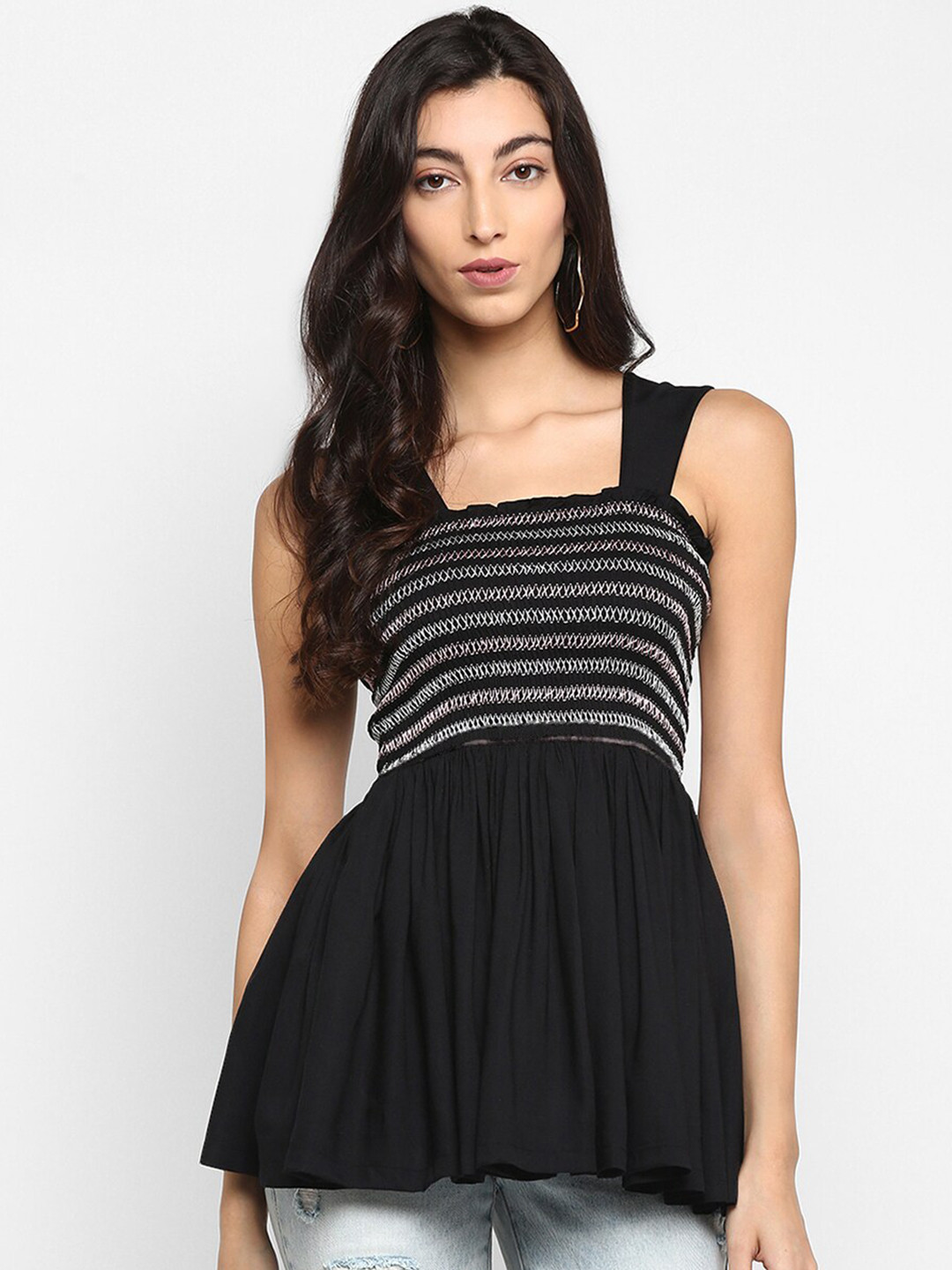 

DEEBACO Women Black Smocked Fit and Flare Longline Top