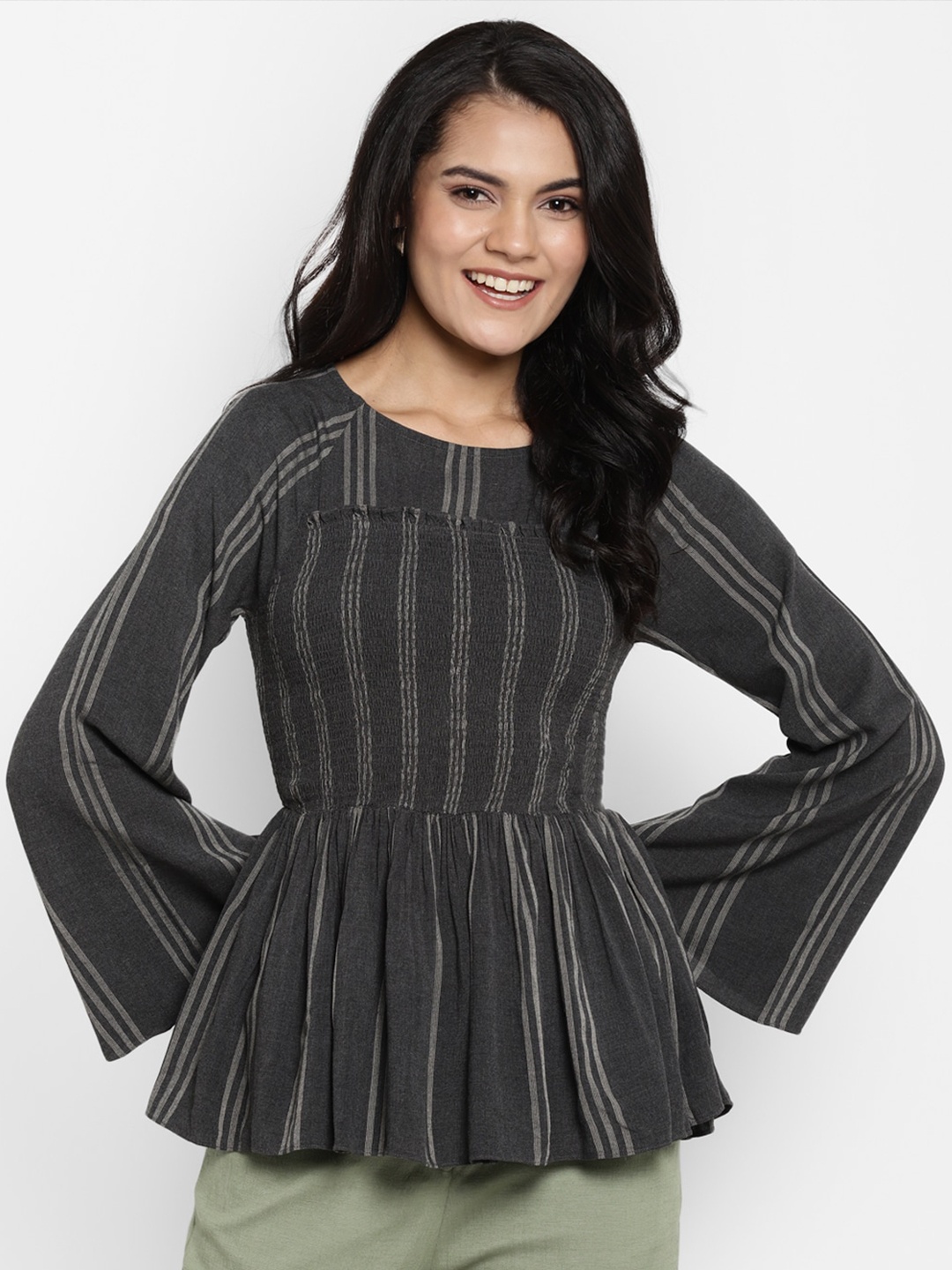 

DEEBACO Grey Striped Corset Detail Peplum Top