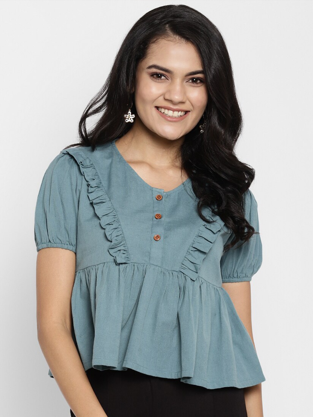 

DEEBACO Blue Gathered & Pleated Pure Cotton Peplum Top