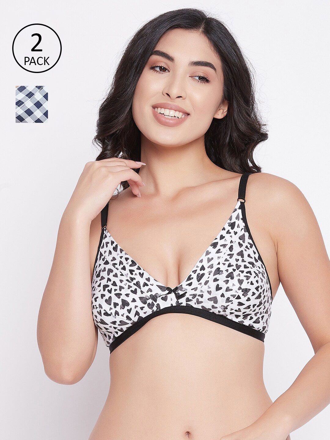 

Clovia Black & Blue Checked Pack of 2 Non-Padded Non-Wired Cotton Plunge Bra