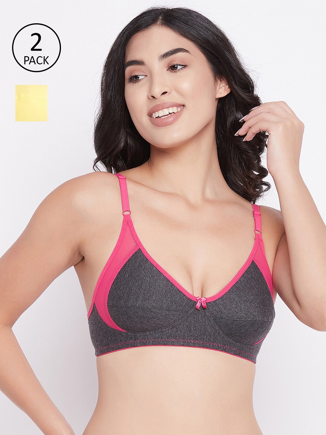 Clovia Pack Of 2 Black & Yellow Solid Non Padded Non-Wired Everyday Bra