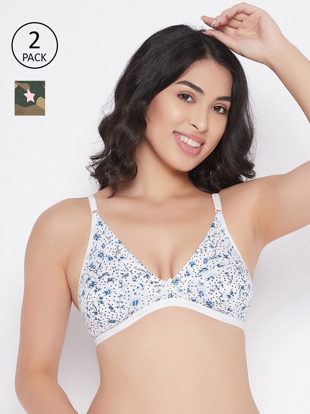 

Clovia Set Of 2 White & Green Non Padded & Non Wired Floral Cotton Bra