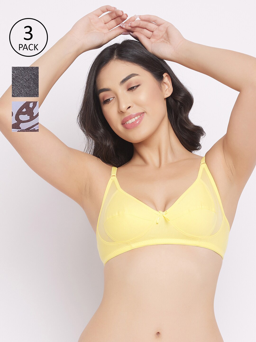 

Clovia Pack Of 3 Yellow & Grey Abstract Cotton Bra