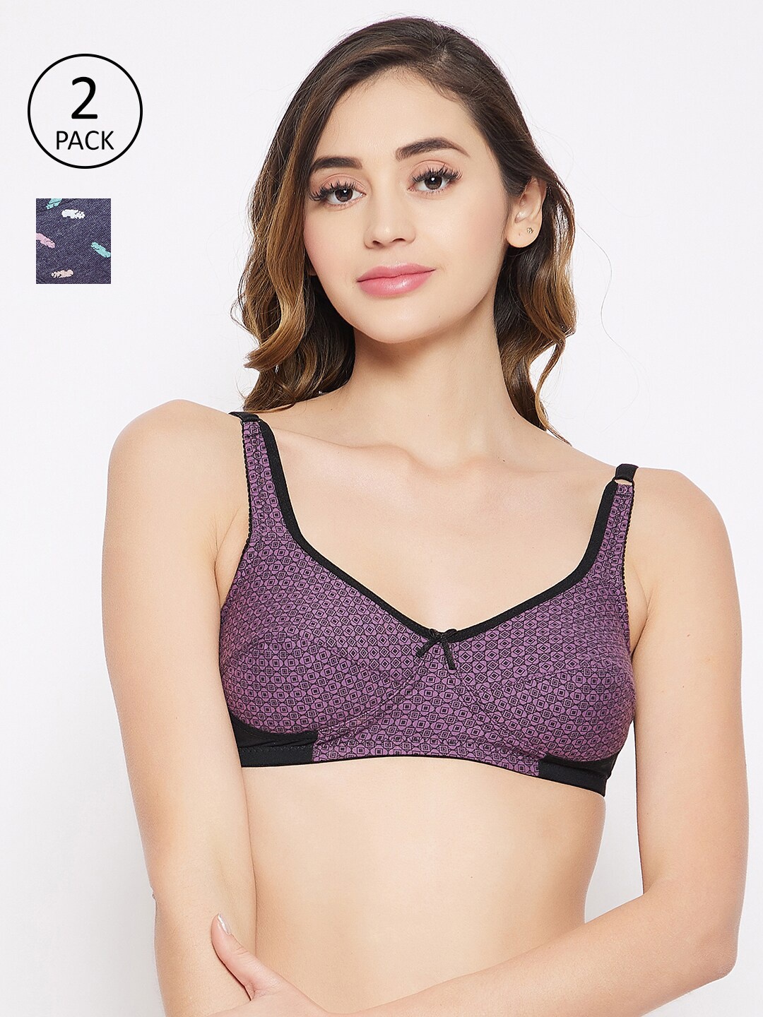 

Clovia Pack Of 2 Purple & Blue Printed Non Padded Non-Wired Everyday Bra