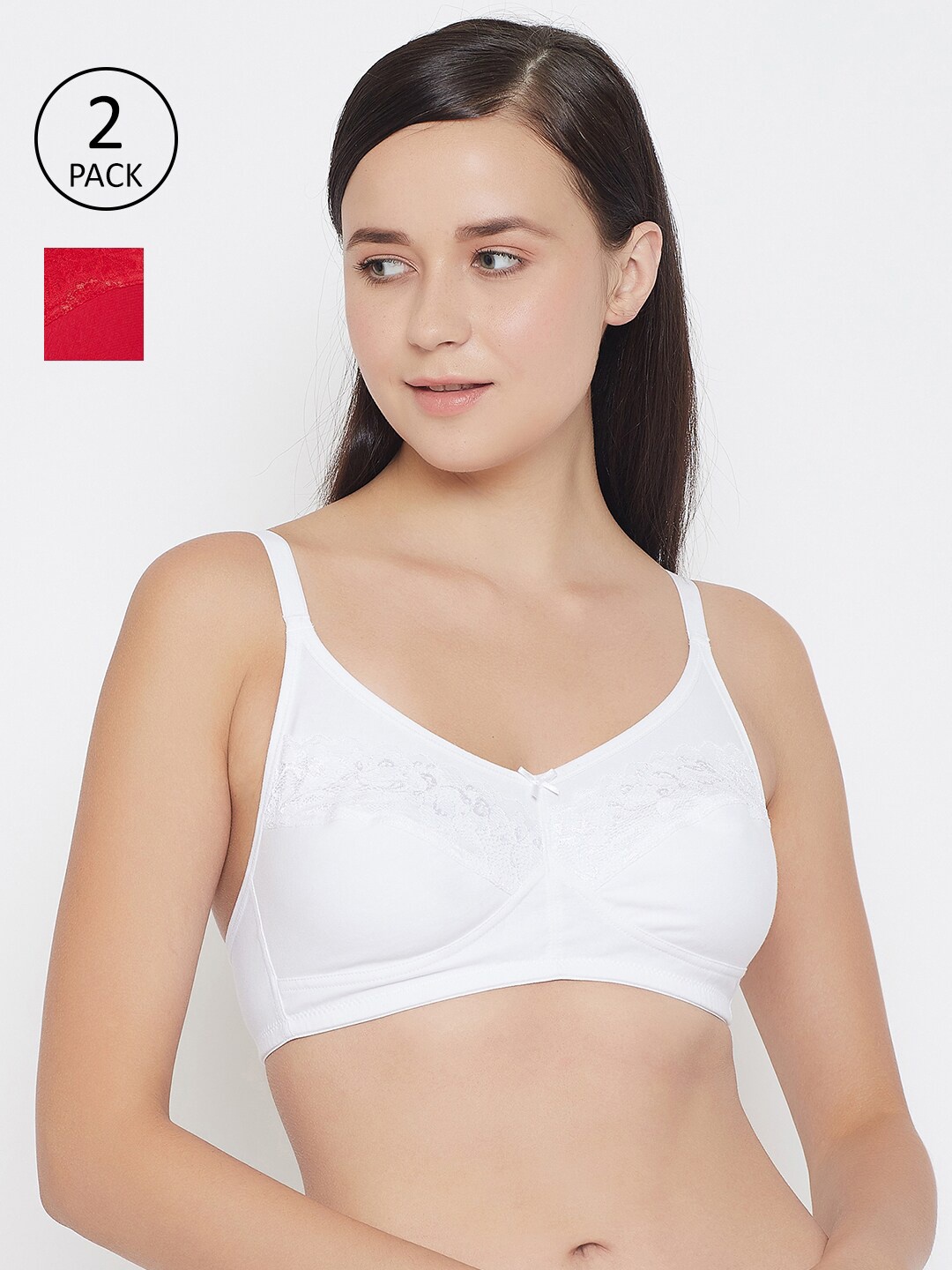 Clovia Pack of 2 White & Red Lace Inserted Cotton Everyday Bras