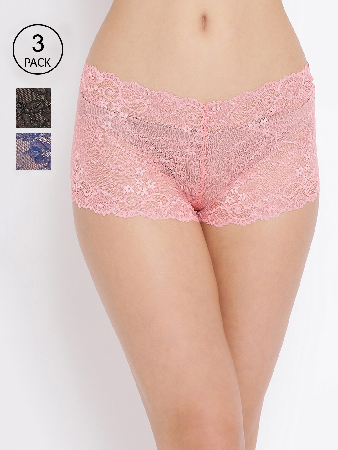 

Clovia Women Pack Of 3 Multi Floral Self-Design Lace Boy Shorts