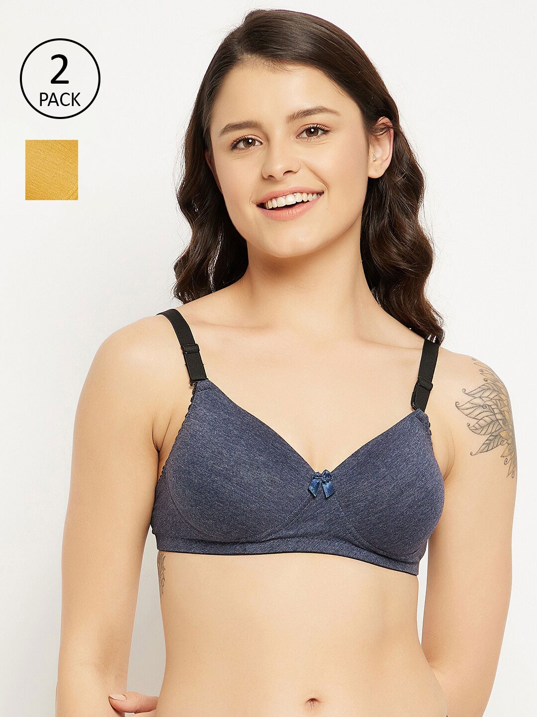 

Clovia Blue & Mustard Yellow Pack Of 2 Solid Heavily Padded Cotton Push-Up Bra