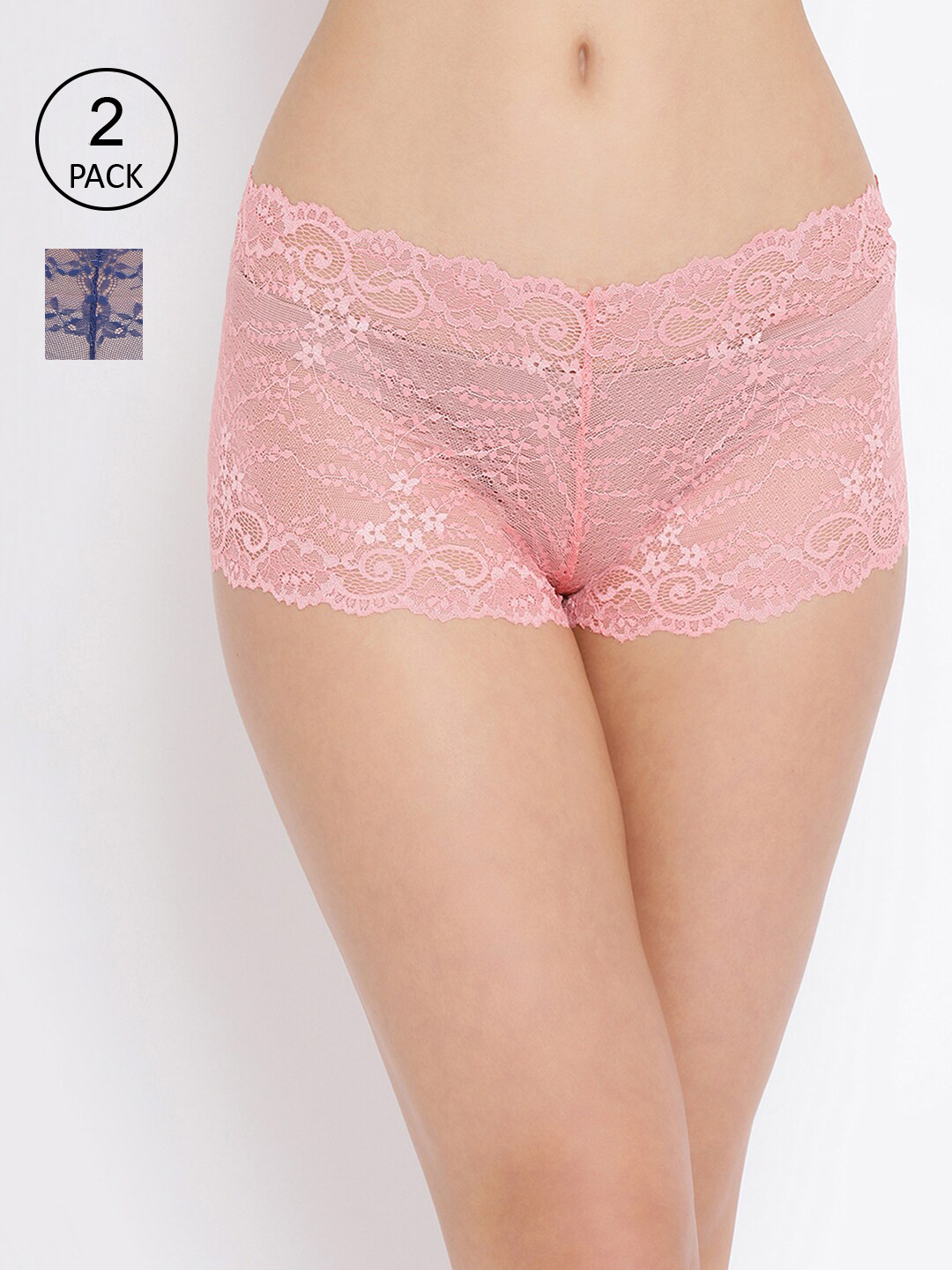 

Clovia Women Pack of 2 Blue & Pink Lace Low-Rise Boy Shorts