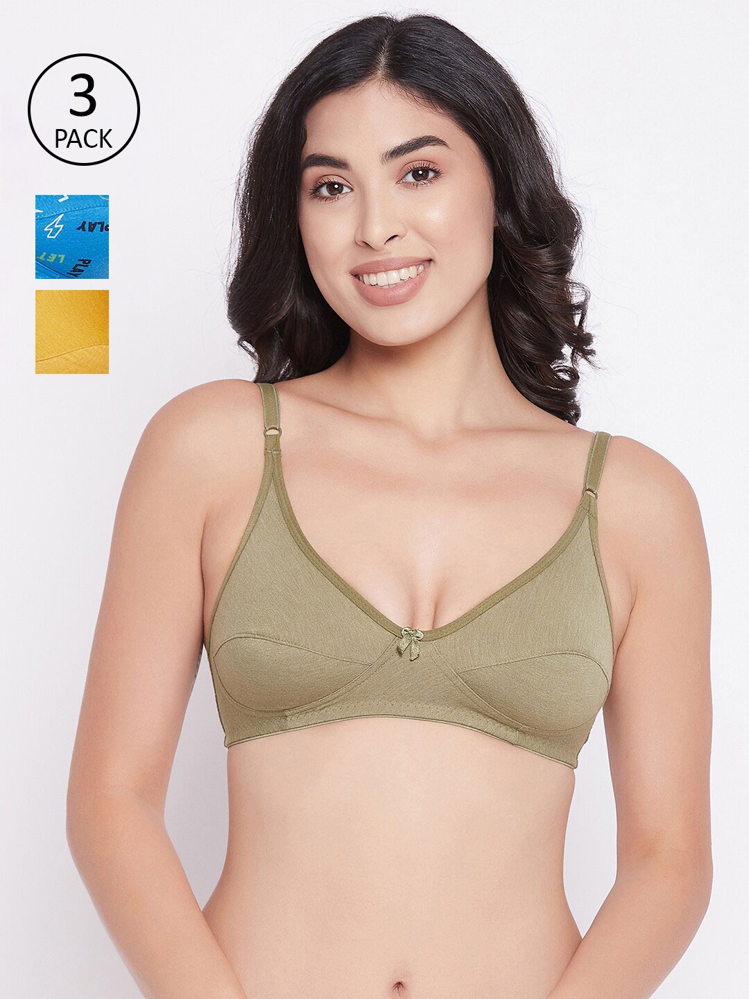 

Clovia Green & Blue Solid Pack of 3 Non-Padded Non-Wired Cotton Everyday Bra