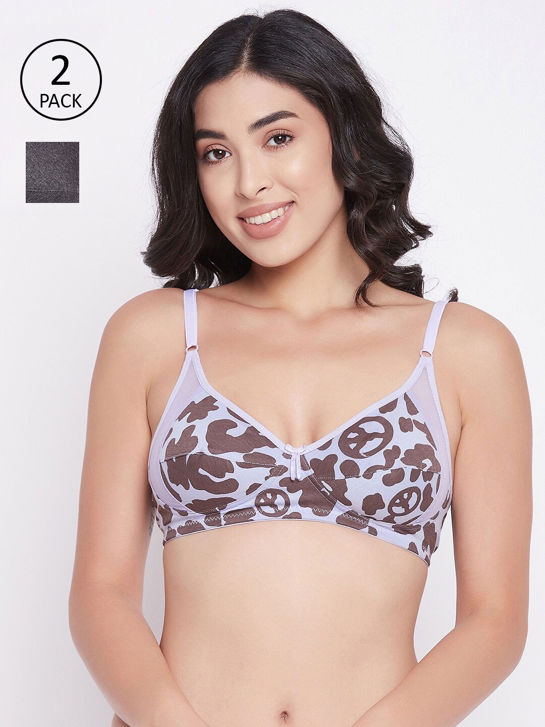 

Clovia White & Charcoal Abstract Set Of 2 Non Padded Non Wired Everyday Bra