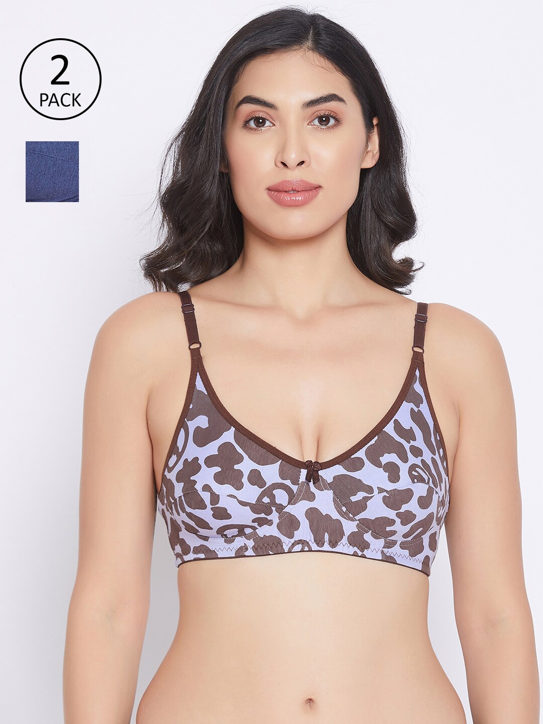 Clovia Pack Of 2 Blue & Brown Abstract Cotton Bra