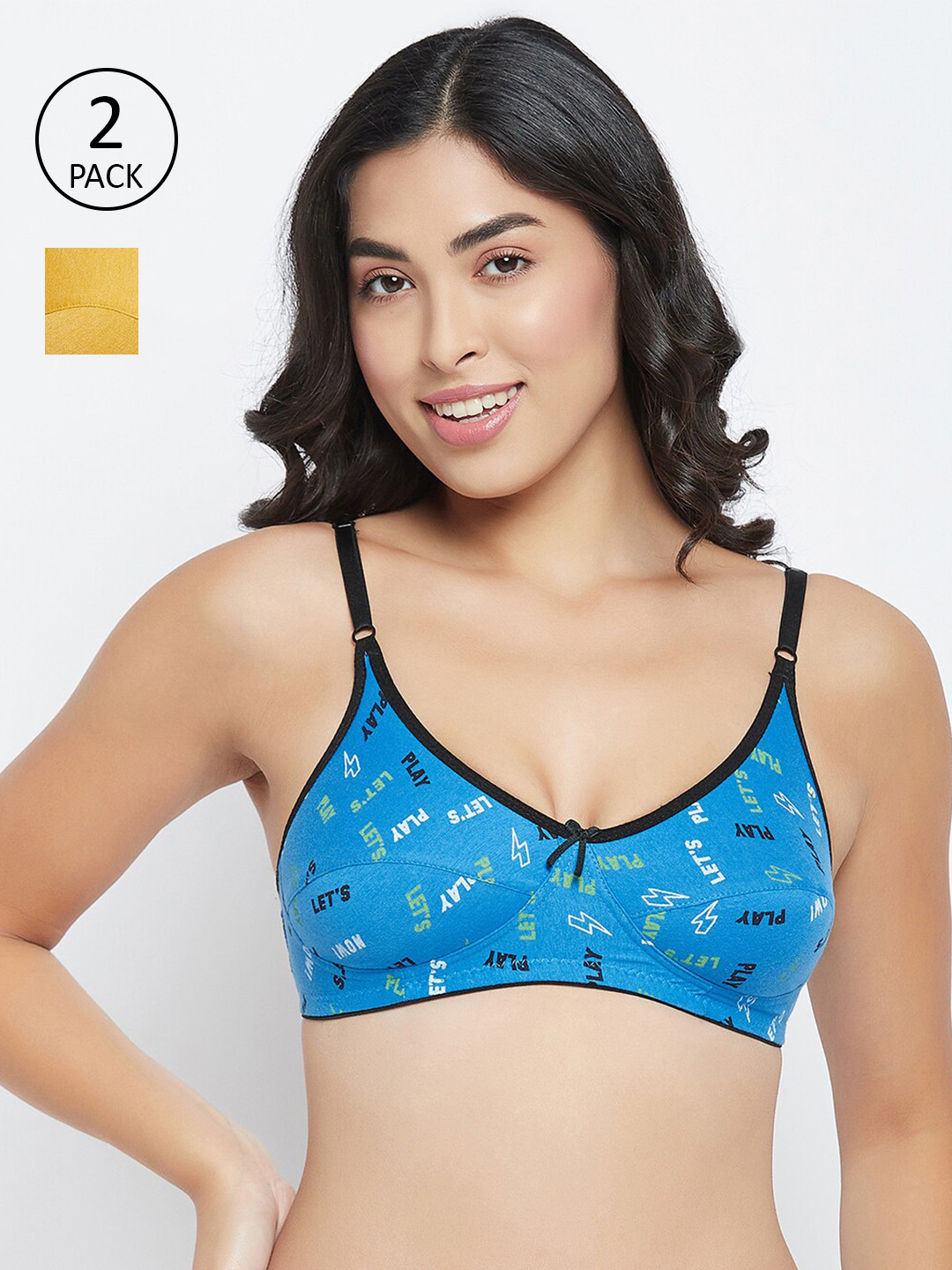 

Clovia Yellow & Blue Set Of 2 Printed Non-Padded Non-Wired All Day Comfort Everyday Bra